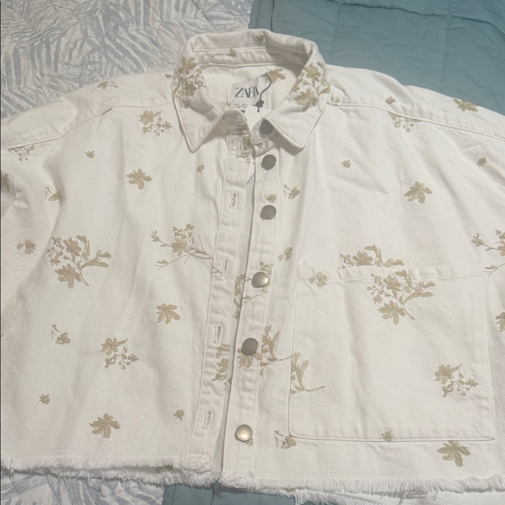 Zara Off-White Floral Jean Jacket